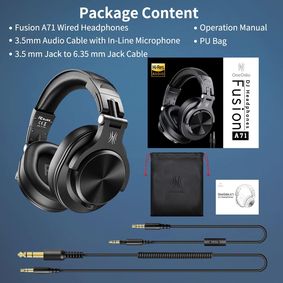 OneOdio A71 Hi-Res Studio Recording Headphones - Wired Over Ear Headphones with SharePort, Monitoring Mixing Foldable Headset with Stereo Sound, 3.5/6.35MM Jack for PC Computer DJ Guitar-Black - Image 7