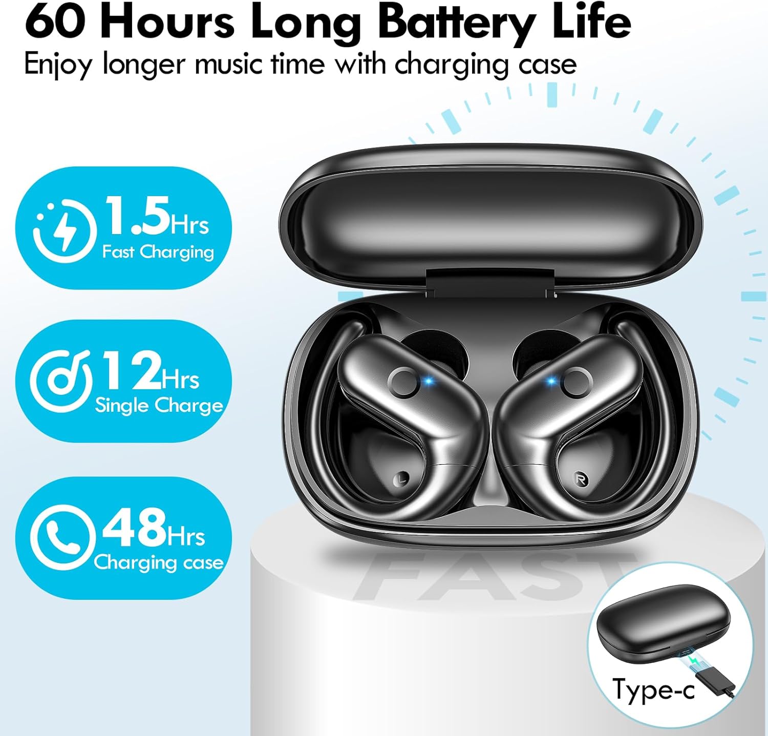 kurdene Wireless Earbuds Bluetooth Headphones Sport,Over Ear Buds with Deep Bass Sound,60Hrs Playtime Earphones Redesigned Comfort Fit with Earhooks for Running,Meeting,Workout-Black - Image 8